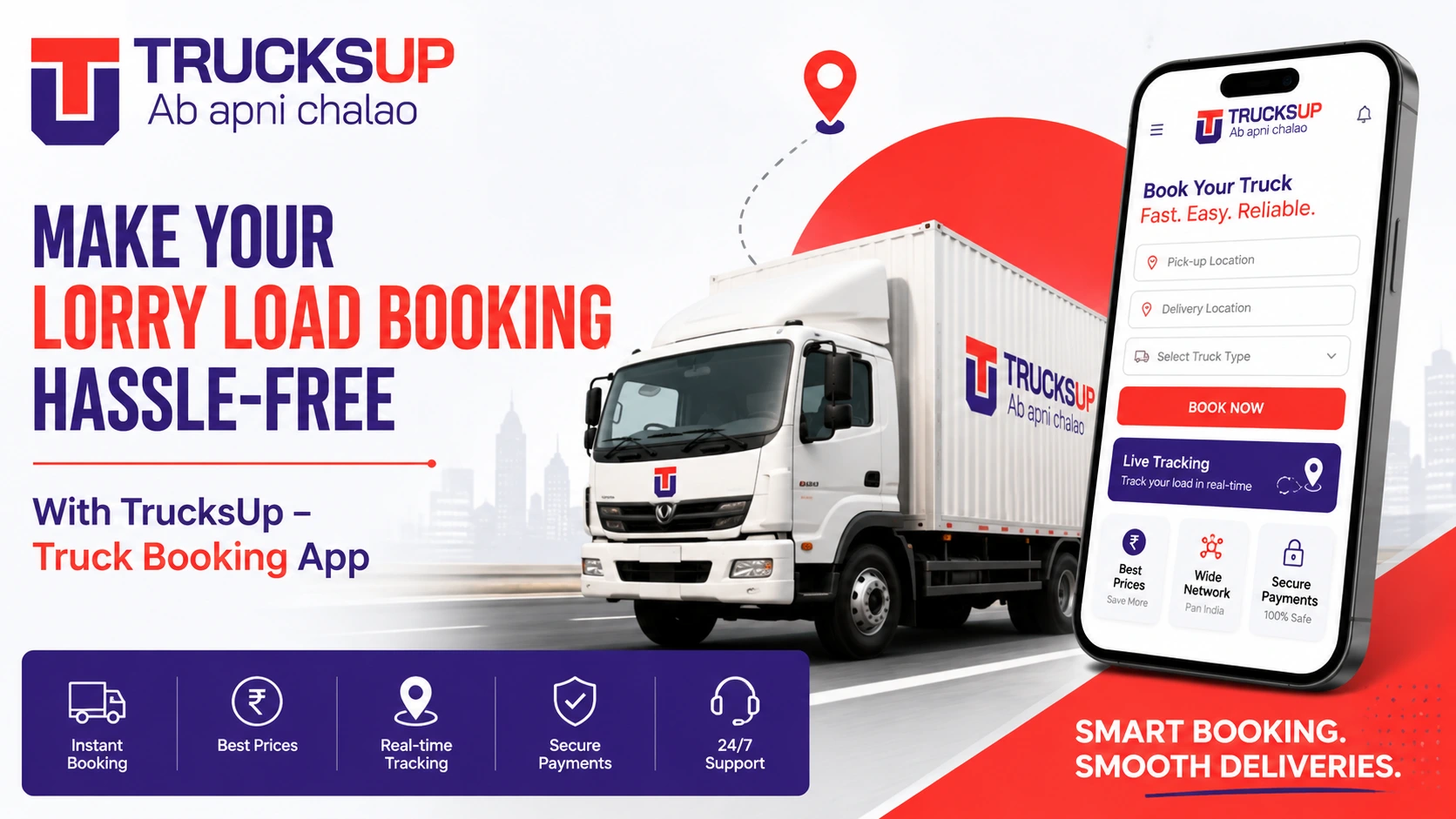 TrucksUp truck booking app banner showing lorry load booking made hassle-free with real-time tracking, pricing, and logistics solution in brand colors red, blue, and white.